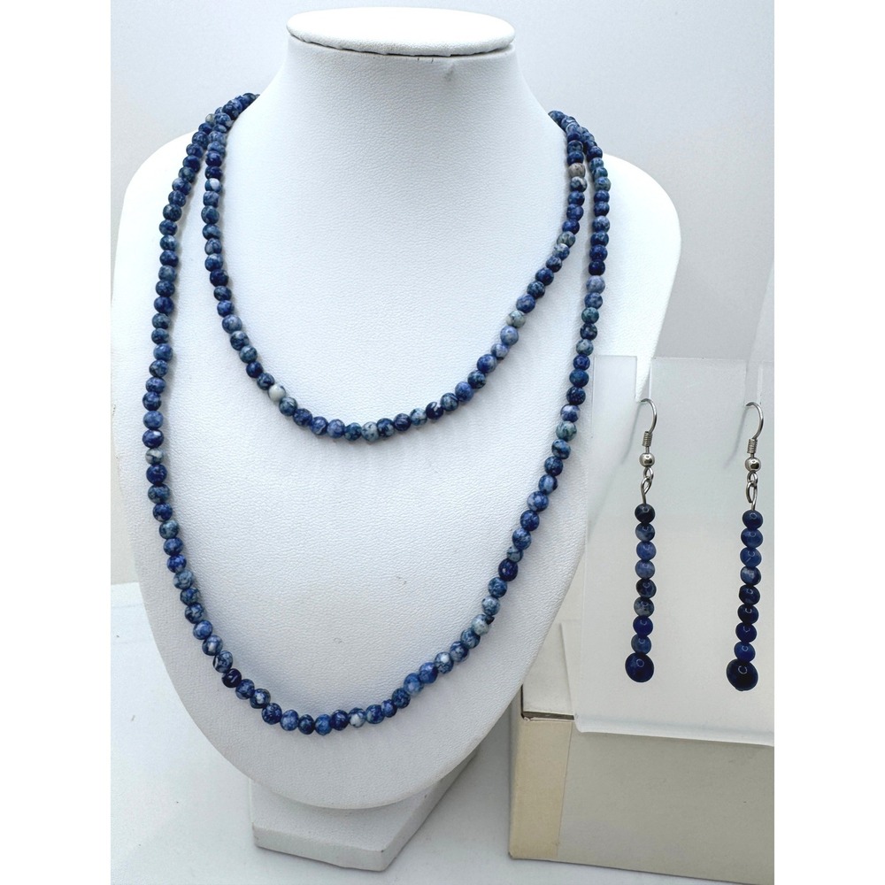 Blue Sodalite Beaded Necklace and Drop Earrings Jewelry Set Natural Stone